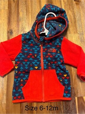 The North Face Toddler Hooded Fleece Jacket - Red & Blue Triangle Print